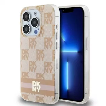 DKNY DKHMP15LHCPTSP Hardcase for iPhone 15 Pro 6.1 inch Pink Checkered Mono Pattern & Printed Stripes MagSafe