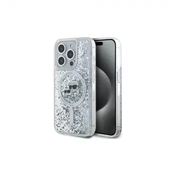 Karl Lagerfeld KLHMP15LLGKCSGH iPhone 15 Pro 6.1 Hard Case Transparent Liquid Glitter Karl & Choupette Head MagSafe