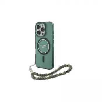 Guess IML Glitter With Pearl Strap MagSafe Case for iPhone 16 Pro Max (Green)