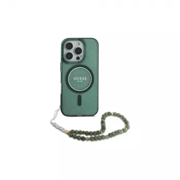 Guess IML Glitter With Pearl Strap MagSafe Case for iPhone 16 Pro Max (Green)