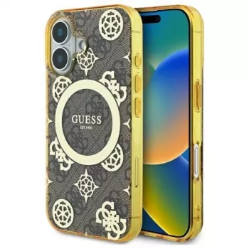 Guess GUHMP16SH4PYEEW Hard Case for Apple iPhone 16 6.1 inch Brown Peony On 4G Background MagSafe