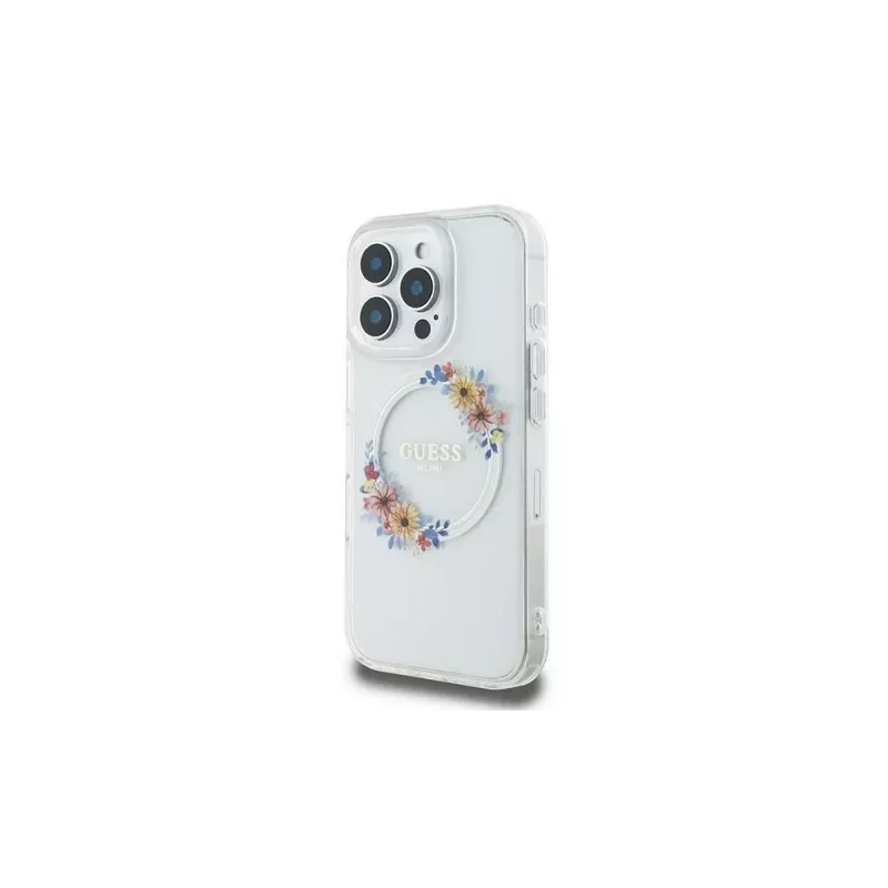 Guess GUHMP16LHFWFCT Hardcase for iPhone 16 Pro 6.3 inch Transparent IML Flowers Wreath MagSafe