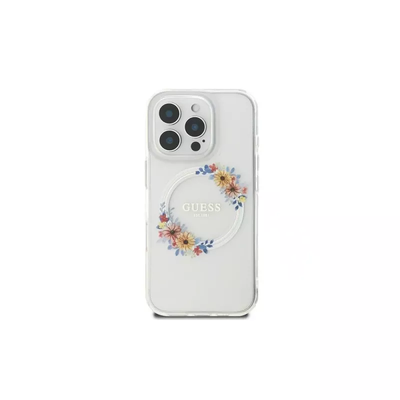 Guess GUHMP16LHFWFCT Hardcase for iPhone 16 Pro 6.3 inch Transparent IML Flowers Wreath MagSafe