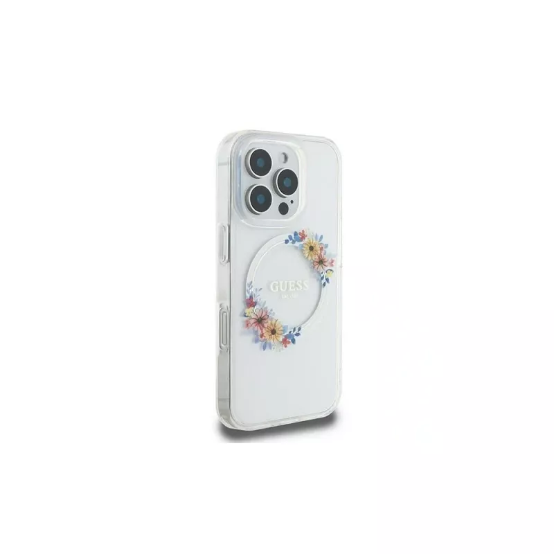 Guess GUHMP16LHFWFCT Hardcase for iPhone 16 Pro 6.3 inch Transparent IML Flowers Wreath MagSafe