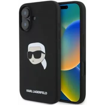 Karl Lagerfeld KLHMP16SSKHPPLK iPhone 16 6.1 Black Silicone Hard Case with Karl Head Print and MagSafe