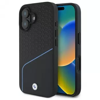BMW Sign Leather Textured And Line MagSafe Hard Case for Apple iPhone 16 6.1 inch - Black