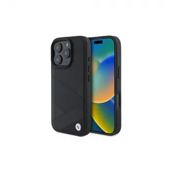 BMW Sign Leather Crossing Lines Pattern Hard Case for Apple iPhone 16 Pro 6.3 inch Black