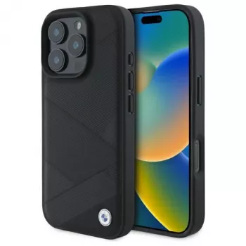 BMW BMHCP16X23RCGPK iPhone 16 Pro Max 6.9 inch Black Hardcase Sign Leather Crossing Lines Pattern