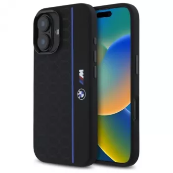 BMW BMHMP16S23SHEB iPhone 16 6.1 inch Black Silicone Hard Case Hexagon Blue Line MagSafe