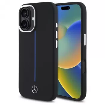 Mercedes-Benz MEHMP16S23SUMBK iPhone 16 6.1 inch Black Silicone Hard Case with Blue Stripe MagSafe
