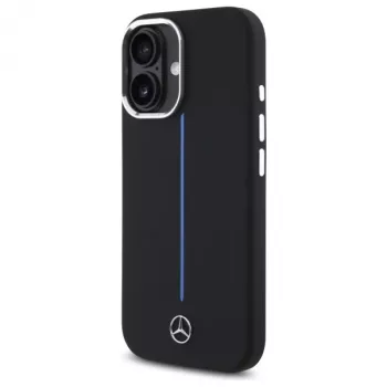 Mercedes-Benz MEHMP16S23SUMBK iPhone 16 6.1 inch Black Silicone Hard Case with Blue Stripe MagSafe