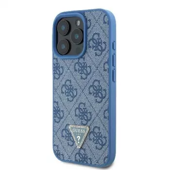 Guess GUHCP16LP4TDSCPB iPhone 16 Pro 6.3 inch Blue Leather Hard Case with Metal Logo, Rhinestones and Crossbody Strap