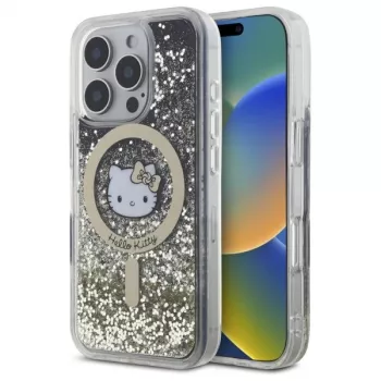Hello Kitty HKHMP16LLGDIK Liquid Glitter Fever MagSafe Hard Case for iPhone 16 Pro, Black Gold