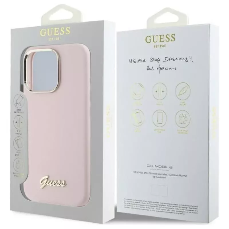 Guess GUHCP16LSMBSLP iPhone 16 Pro 6.3 inch Pink Silicone Hard Case with Script Metal Logo & Frame