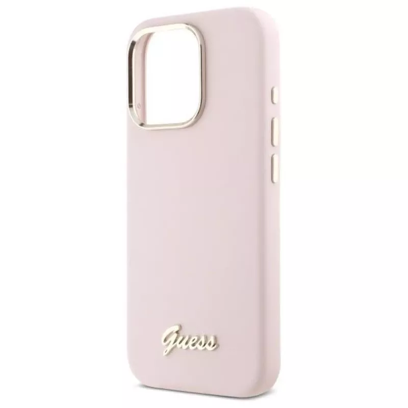 Guess GUHCP16LSMBSLP iPhone 16 Pro 6.3 inch Pink Silicone Hard Case with Script Metal Logo & Frame