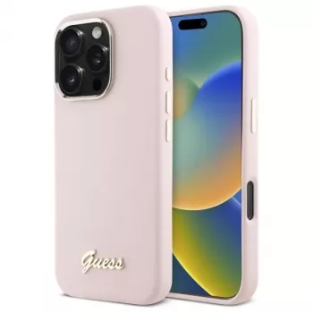 Guess GUHCP16LSMBSLP iPhone 16 Pro 6.3 inch Pink Silicone Hard Case with Script Metal Logo & Frame