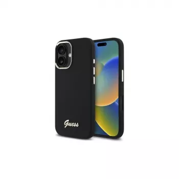 Guess GUHCP16SSMBSLK iPhone 16 6.1 inch Black Hardcase Silicone Script Metal Logo & Frame