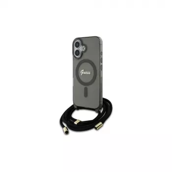 Guess GUHMP16SHCTSGNSK iPhone 16 6.1-inch Black Hard Case with Crossbody Cord and Script Logo, MagSafe Compatible
