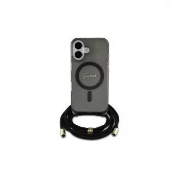 Guess GUHMP16SHCTSGNSK iPhone 16 6.1-inch Black Hard Case with Crossbody Cord and Script Logo, MagSafe Compatible
