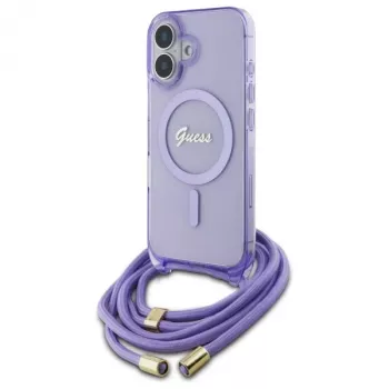 Guess GUHMP16SHCTSGNSU iPhone 16 6.1 inch Purple Hardcase Crossbody Cord Script MagSafe