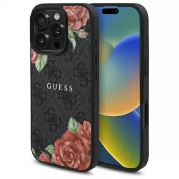 Guess GUHMP16LP4ROPEMCK Hardcase for Apple iPhone 16 Pro, 6.3 inch, Black, 4G Flowers Print, MagSafe