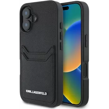 Karl Lagerfeld HC Grained PU Card Slot Metal Elongated Case for iPhone 16, Black