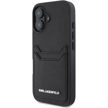 Karl Lagerfeld HC Grained PU Card Slot Metal Elongated Case for iPhone 16, Black