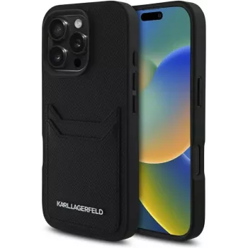 KARL LAGERFELD HC Grained PU Card Slot Metal Elongated Case for iPhone 16 Pro Black