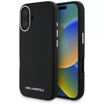 Karl Lagerfeld Saffiano FullWrapped Elongated Metal Logo MagSafe Case for iPhone 16 Black