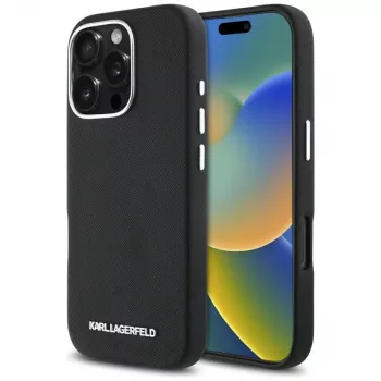 Karl Lagerfeld Saffiano Full Wrapped Elongated Metal Logo MagSafe Case for iPhone 16 Pro Black