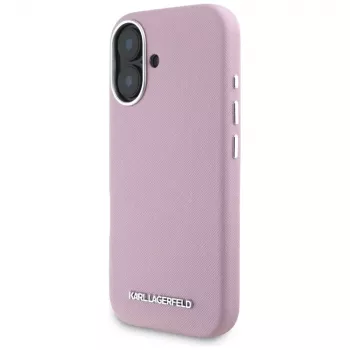 KARL LAGERFELD Saffiano Full Wrapped Elongated Metal Logo MagSafe Case for Apple iPhone 16 - Pink