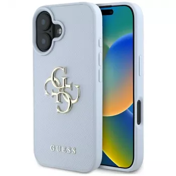 Guess Grained Big 4G Logo Small Classic Logo Back Cover for Apple iPhone 16 - Blue