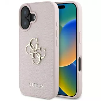 Guess Grained Big 4G Logo Small Classic Logo Back Cover for Apple iPhone 16 - Pink