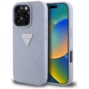 Guess Hot Stamp 4G Pattern Triangle Metal Logo Back Cover for iPhone 16 Pro, Purple