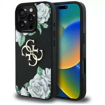 Guess Grained Roses Big 4G Logo Case for iPhone 16 Pro Max, Black