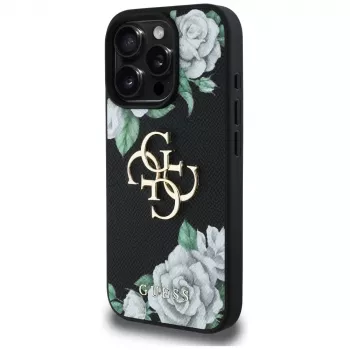 Guess Grained Roses Big 4G Logo Case for iPhone 16 Pro Max, Black