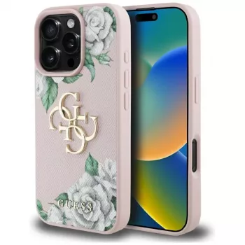 Guess Grained Roses Big 4G Logo Case for Apple iPhone 16 Pro, Pink