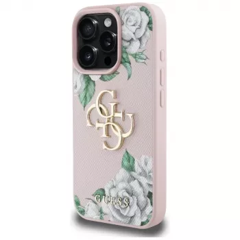 Guess Grained Roses Big 4G Logo Case for iPhone 16 Pro Max - Pink