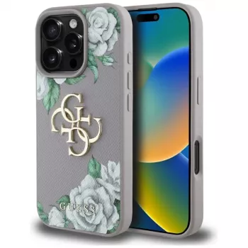 Guess Grained Roses Big 4G Logo Back Cover for Apple iPhone 16 Pro - Purple