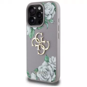 Guess Grained Roses Big 4G Logo Back Cover for Apple iPhone 16 Pro - Purple
