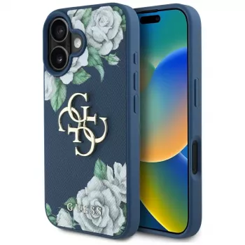 Guess Grained Roses Big 4G Logo Case for Apple iPhone 16 - Blue