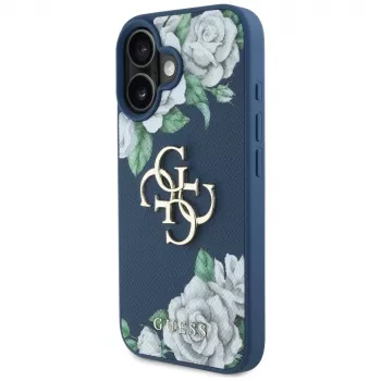 Guess Grained Roses Big 4G Logo Case for Apple iPhone 16 - Blue
