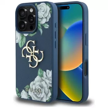 Guess Grained Roses Big 4G Logo Back Cover Case for Apple iPhone 16 Pro - Blue