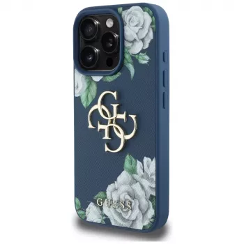Guess Grained Roses Big 4G Logo Back Cover Case for Apple iPhone 16 Pro - Blue