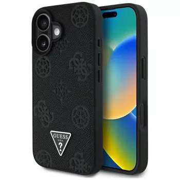 Guess Grained Hot Stamp Peony Triangle Logo MagSafe Case for iPhone 16 (Black)