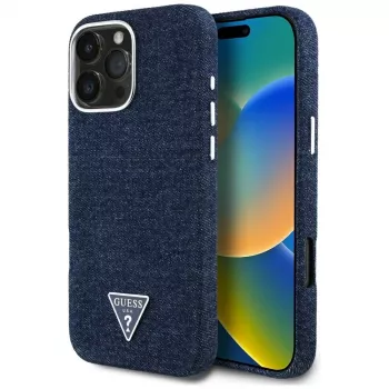 Guess Denim Triangle Logo MagSafe Case for Apple iPhone 16 Pro Max Blue