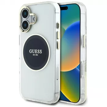 Guess IML Metal Colored Circle Classic Logo MagSafe Case for iPhone 16 (Black)