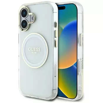 Guess IML Metal Colored Circle Classic Logo MagSafe Case for iPhone 16 (White)