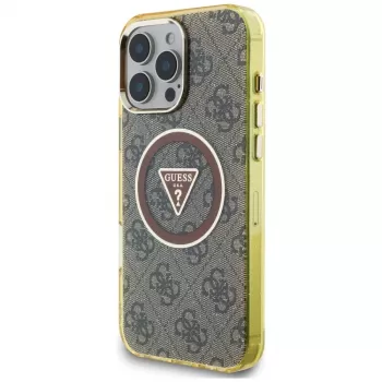 Guess IML Metal Glitter 4G Circle Triangle MagSafe Case for iPhone 16 Pro (Brown)