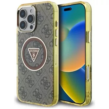 Guess IML Metal Glitter 4G Circle Triangle MagSafe Case for iPhone 16 Pro Max (Brown)